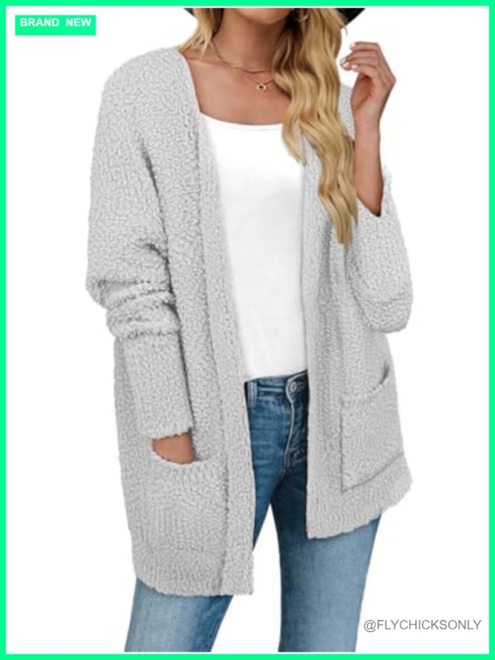 Fuzzy Knit Open Front Cardigan Long Sleeve Sweater with Pockets